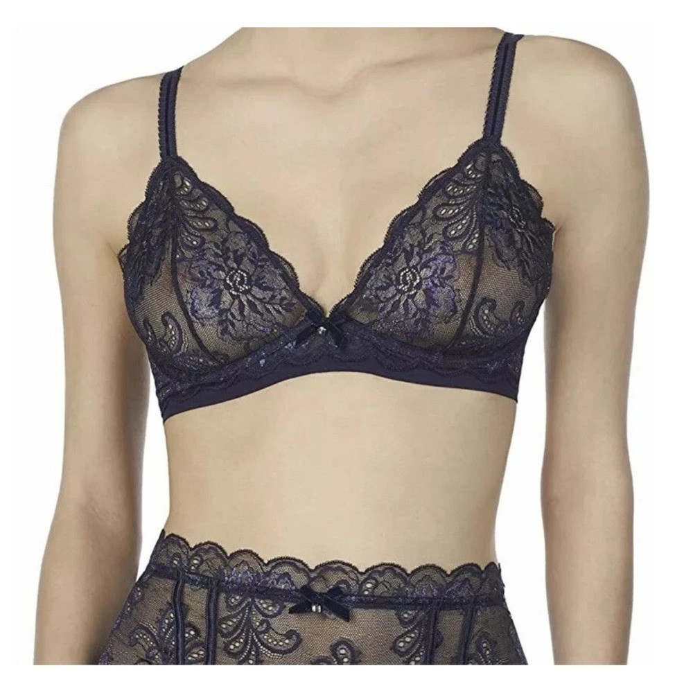 Le Mystere 2135 Sophia Sheer Lace Bra 34DDD/F Unlined SAPPHIRE Bralette NWT $58